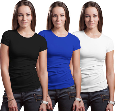 Stylewill Solid Women Round Neck Black, White, Blue T-Shirt