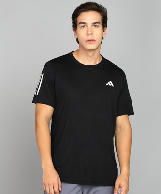 ADIDAS Striped Men Round Neck Black T-Shirt