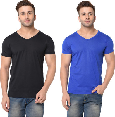 JB Jangoboy Solid Men V Neck Blue, Black T-Shirt
