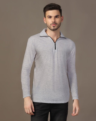 tfurnish Solid Men Polo Neck Silver T-Shirt