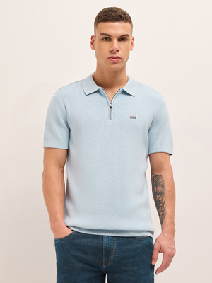 THE BEAR HOUSE Solid Men Polo Neck Light Blue T-Shirt