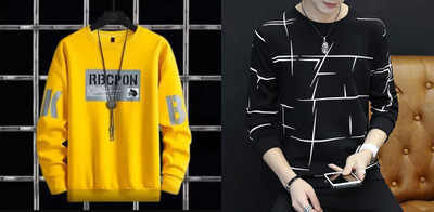 Majexic Printed Men Round Neck Black, White, Yellow T-Shirt