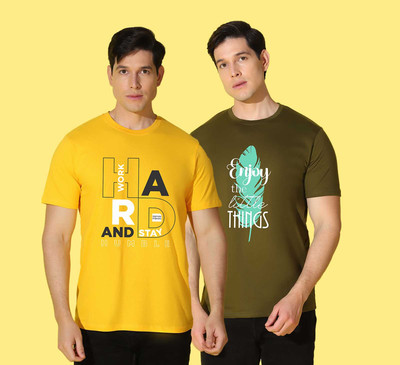WOOSTRO Printed Men Round Neck Yellow, Green T-Shirt