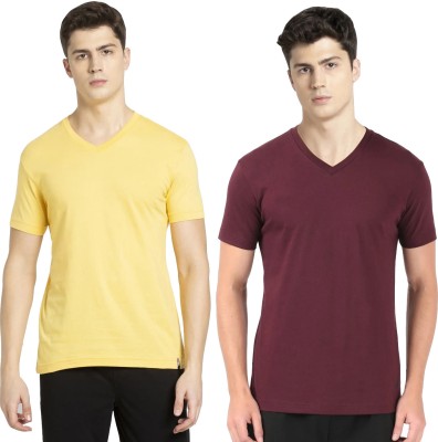 JOCKEY Solid Men V Neck Yellow, Maroon T-Shirt