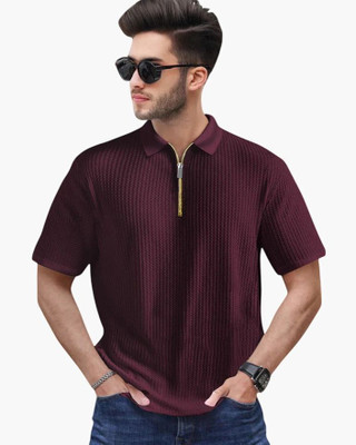 TOIX Self Design Men Zip Neck Maroon T-Shirt