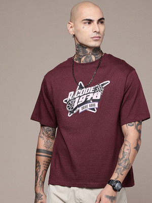 R.Code by The Roadster Life Co. Printed Men Round Neck Maroon T-Shirt