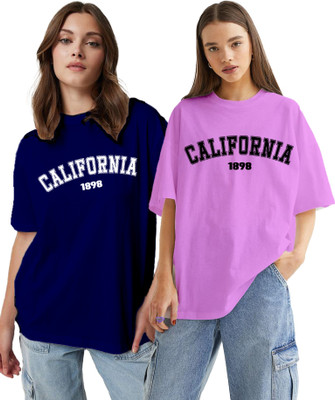 Jungle Spunk Typography Women Round Neck Purple, Navy Blue T-Shirt