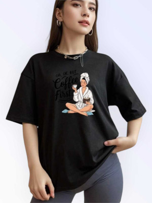 HouseOfCommon Printed Women Round Neck Black T-Shirt