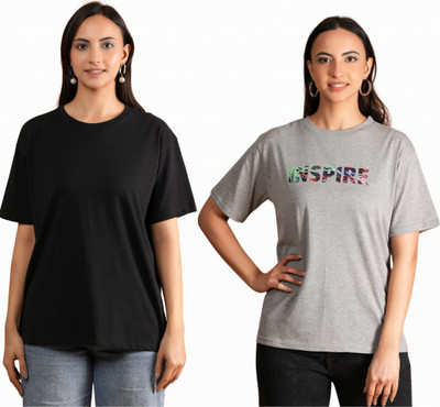 METRONAUT Printed, Solid Women Round Neck Multicolor T-Shirt