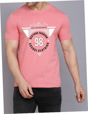 WOOSTRO Printed Men Round Neck Pink T-Shirt