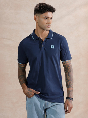 WROGN Solid Men Polo Neck Blue T-Shirt
