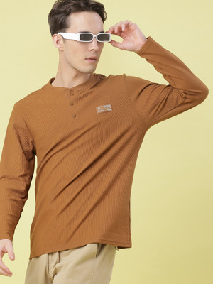 V-MART Solid Men Henley Neck Brown T-Shirt