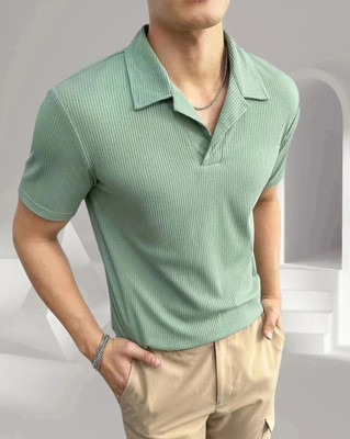 TAZO Self Design Men Polo Neck Green T-Shirt