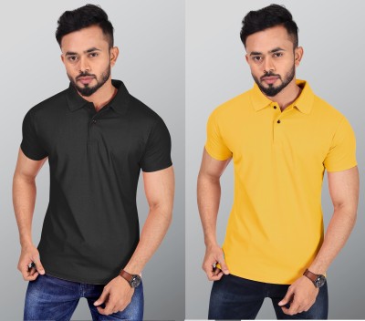 INDICLUB Solid Men Polo Neck Black, Yellow T-Shirt