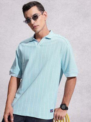 WROGN Striped Men Polo Neck Blue T-Shirt