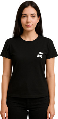 Buddy Collection Printed, Solid Women Round Neck Black T-Shirt