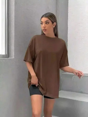 PERFECT PRODUCTIONS Solid Women Round Neck Brown T-Shirt
