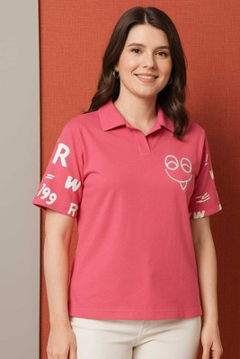 Jileba International Graphic Print, Printed Women Polo Neck Purple T-Shirt