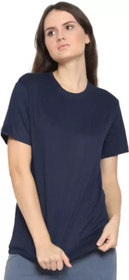 KNETLY Solid Women Round Neck Navy Blue T-Shirt