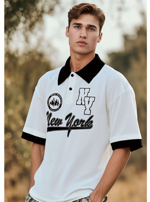 TAZO Printed Men Polo Neck White T-Shirt