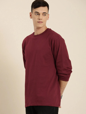 RULEDBYSUN Solid Men Round Neck Maroon T-Shirt