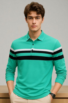 Autna Solid, Striped Men Polo Neck Green T-Shirt