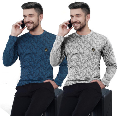 AVOLT Printed Men Round Neck Dark Blue, White T-Shirt