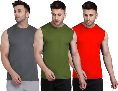 Think Tech Solid Men Round Neck Grey, Dark Green, Red T-Shirt