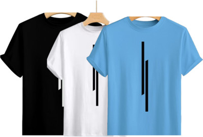 Misty Creation Printed, Self Design Men Round Neck Black, White, Light Blue T-Shirt