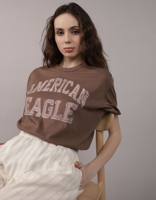 American Eagle Printed Women Round Neck Brown T-Shirt