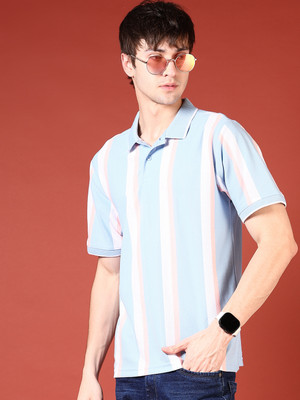 V-MART Striped Men Polo Neck Blue T-Shirt