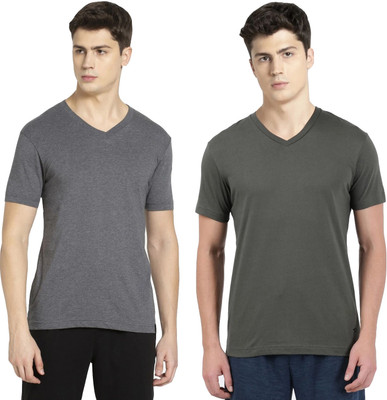 JOCKEY Solid Men V Neck Grey, Dark Green T-Shirt