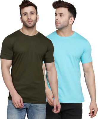 SLOWLORIS Solid Men Round Neck Green, Light Blue T-Shirt