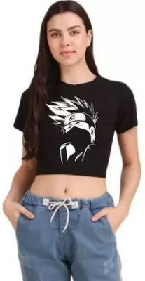 V Fashion Printed Women Round Neck Black T-Shirt