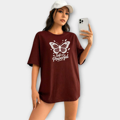 Fluffy Enterprises Printed Women Round Neck Brown T-Shirt