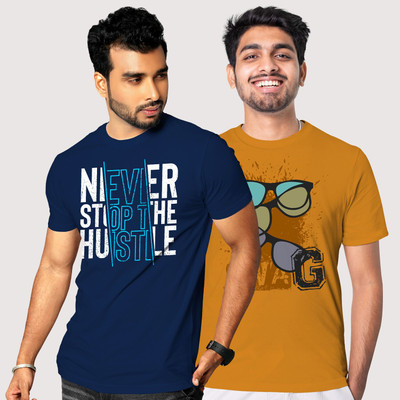 FADMARK Printed Men Round Neck Dark Blue, Yellow T-Shirt