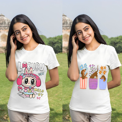 Kintu Parantu Cartoon Women Round Neck Pink T-Shirt