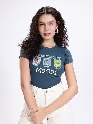 Kook N Keech Printed Women Round Neck Blue T-Shirt