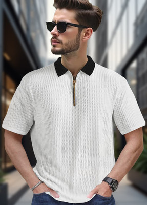 Conway Self Design Men Zip Neck White T-Shirt