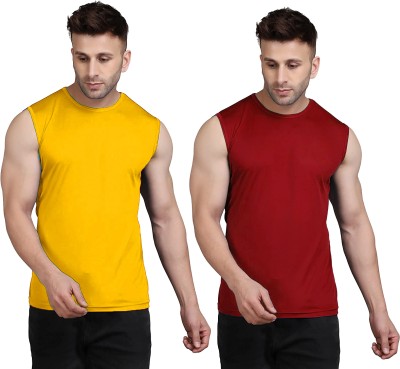 UDI n ADI Solid Men Round Neck Yellow, Maroon T-Shirt