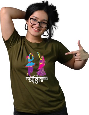 Tedhi Medhi Family Conversational, Printed, Self Design, Graphic Print Women Round Neck Dark Green T-Shirt