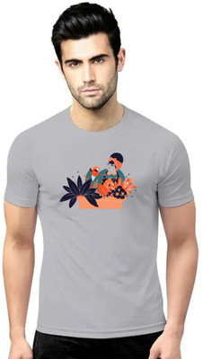LV CARE Printed Men Round Neck Grey T-Shirt