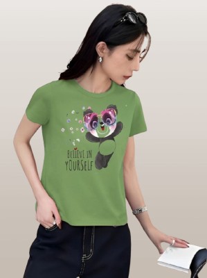 Kushi flyer Printed Women Round Neck Green T-Shirt