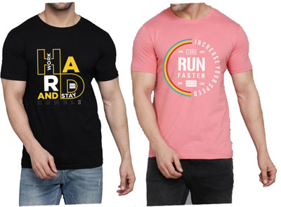 WOOSTRO Printed Men Round Neck Black, Pink T-Shirt