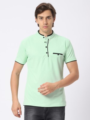 N AND J Solid Men Mandarin Collar Light Green T-Shirt