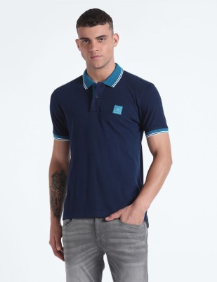 FLYING MACHINE Solid Men Polo Neck Blue T-Shirt