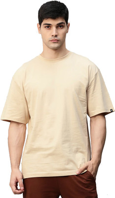 MOJILO Solid Men Round Neck Reversible Beige T-Shirt