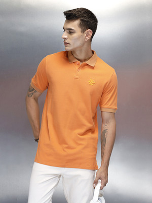 WROGN Solid Men Polo Neck Orange T-Shirt