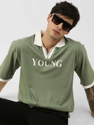MANIAC Typography Men Polo Neck Green T-Shirt