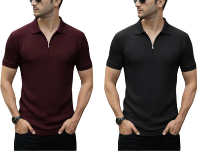 DSV Self Design Men Zip Neck Maroon, Black T-Shirt